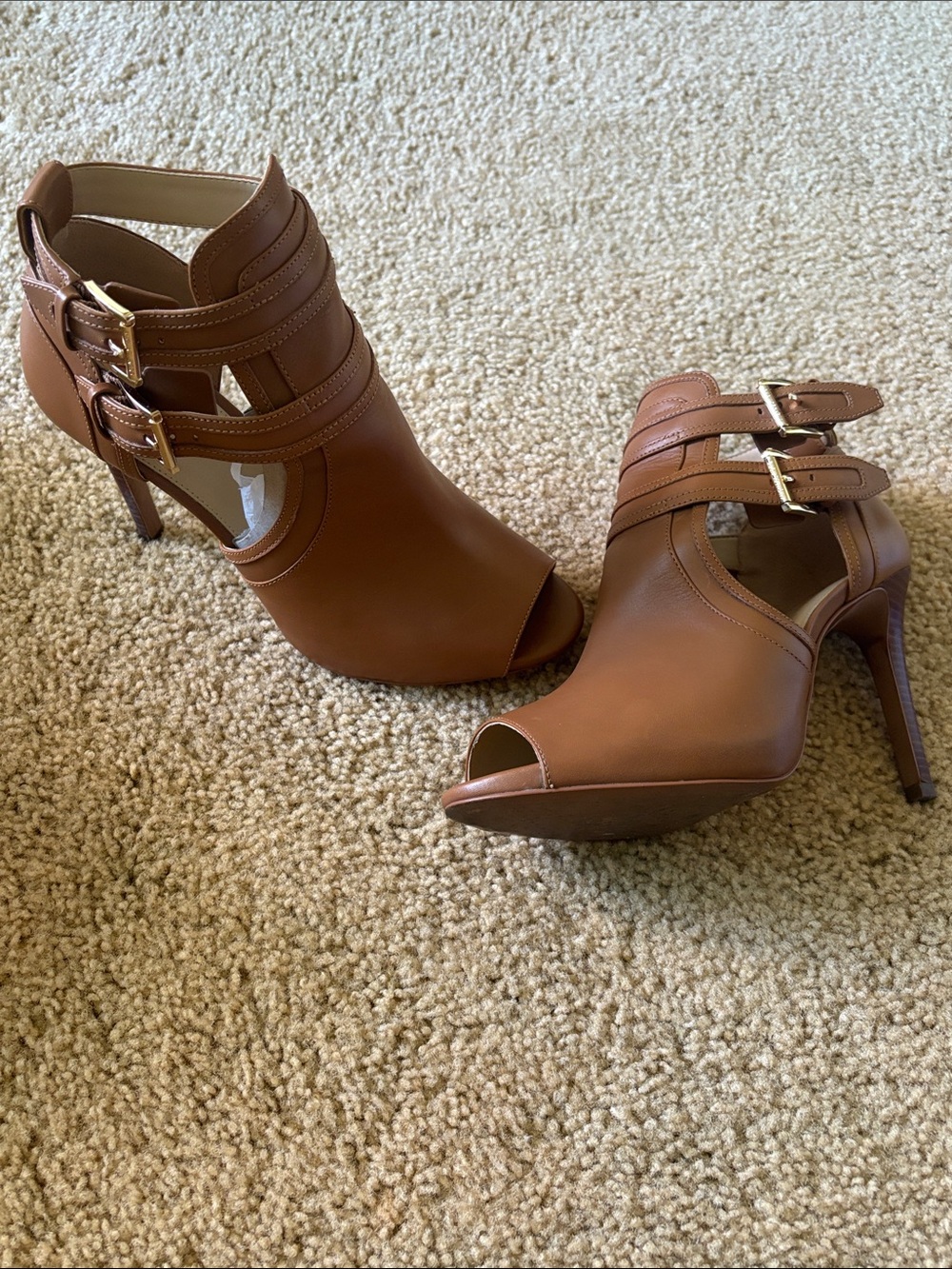 Michael Kors Blaze Open Toe Leather Bootie. Color Acorn.